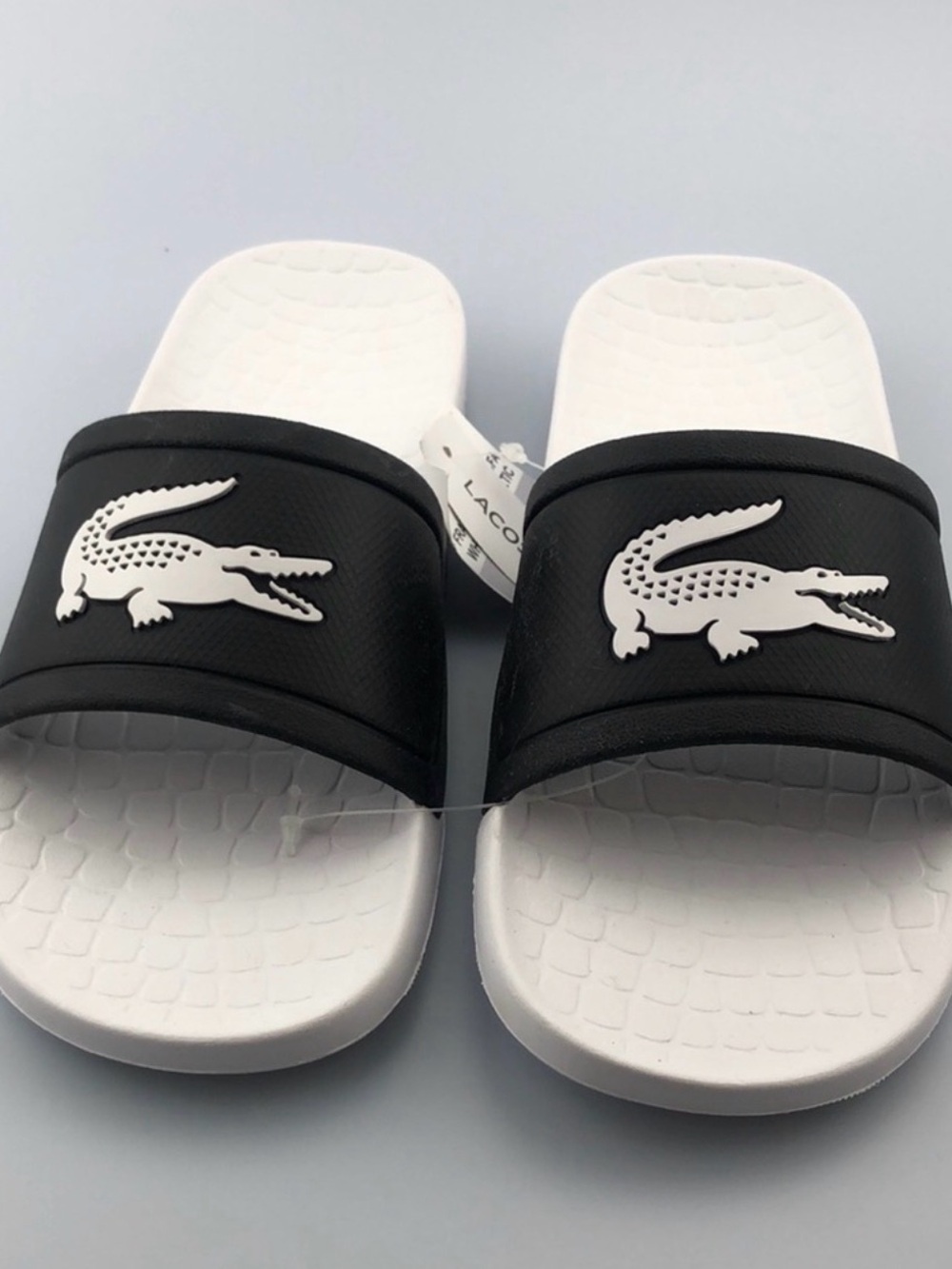 Lacoste Black Slide Sandals with White Croc Logo